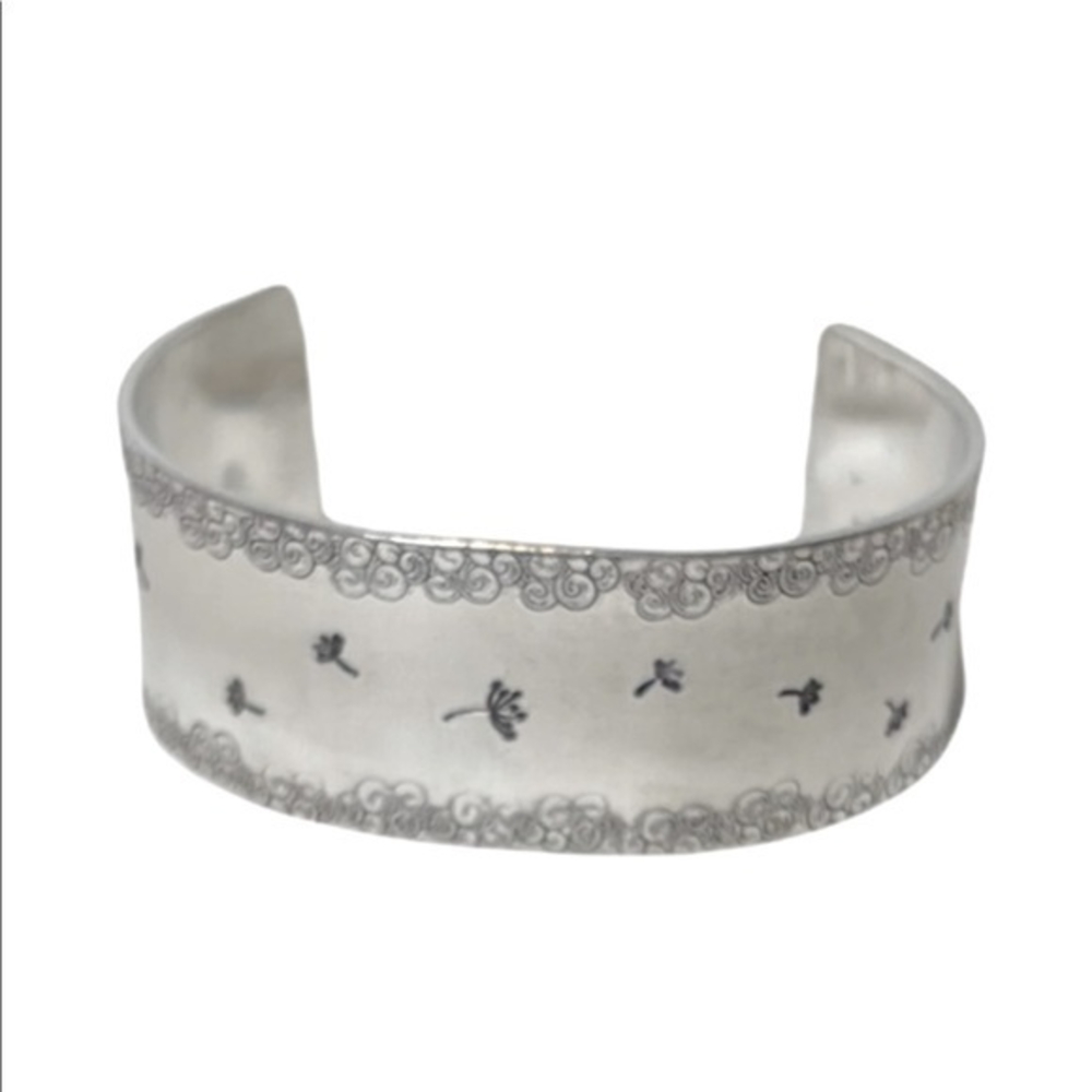 Handmade stamped dandelion‎ & cloud pattern boho silver adjustable cuff bracelet